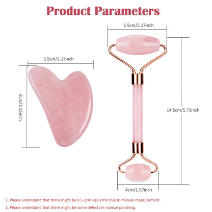 Natural Rose Quartz Jade Roller+Scraping Board Set Facial Massager Jade Stone Roller Gua Sha Face Lifting Massage Tool Skin Care